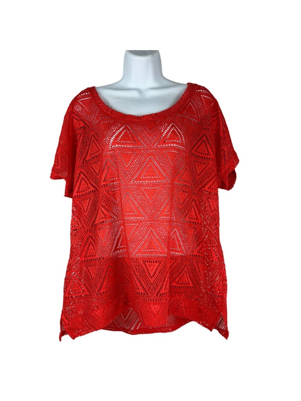 Cato Woman Plus Size 18/20W Red Crochet Short Sleeve Geometric Pullover Top
